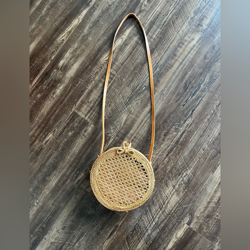 Faithfull the Brand Round Woven Tan Crossbody Bag